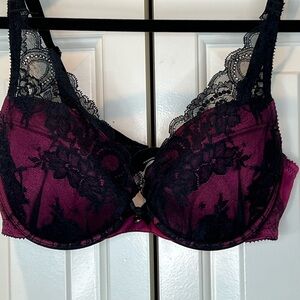 CHANTELLE BURGANDY & BLACK LACE DEMI PUSH UP BRA SIZE 32DD
